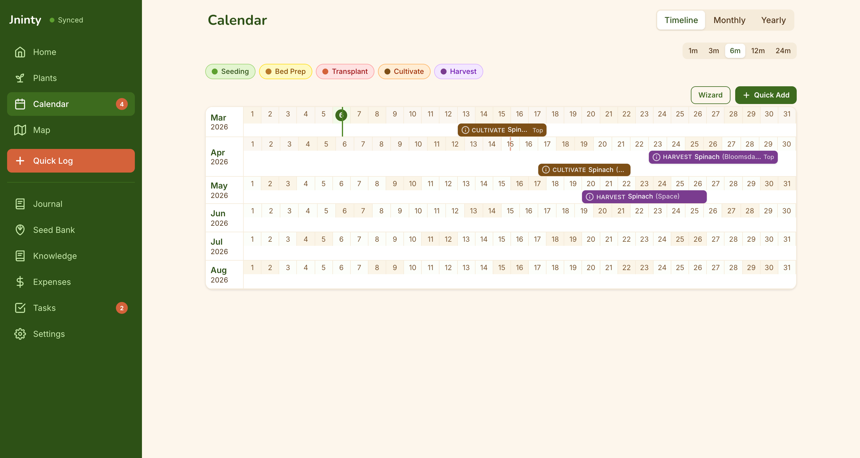 Planting calendar timeline view with color-coded crop stages