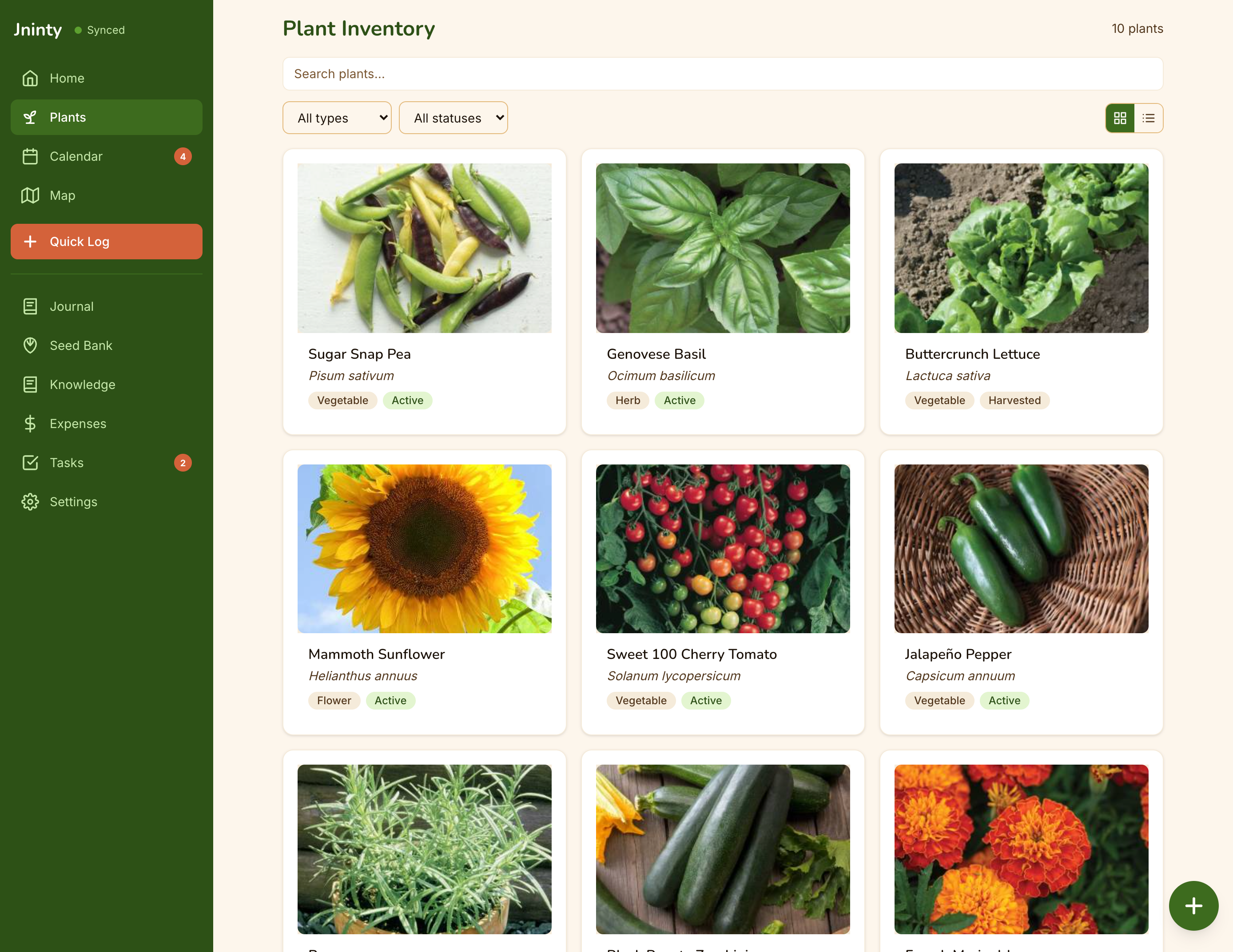Plant inventory grid view with photos, species, and status badges